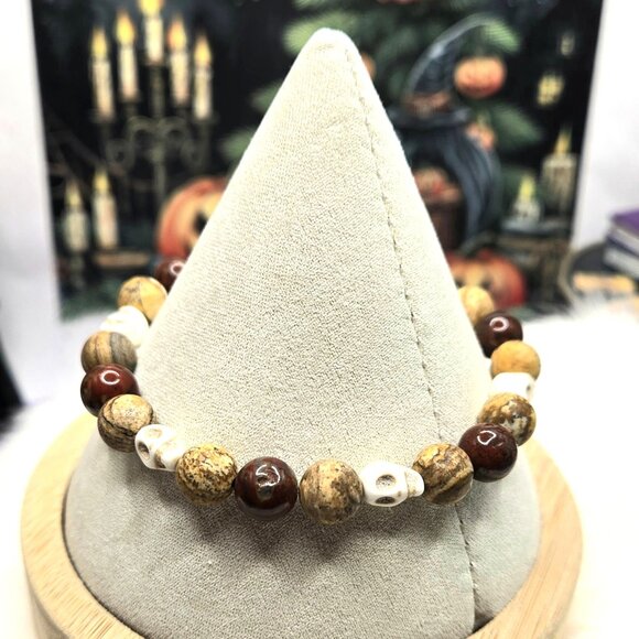 Brecciated and Picture Jasper Skull Spook Gemstone Beaded Bracelet - Picture 5 of 7